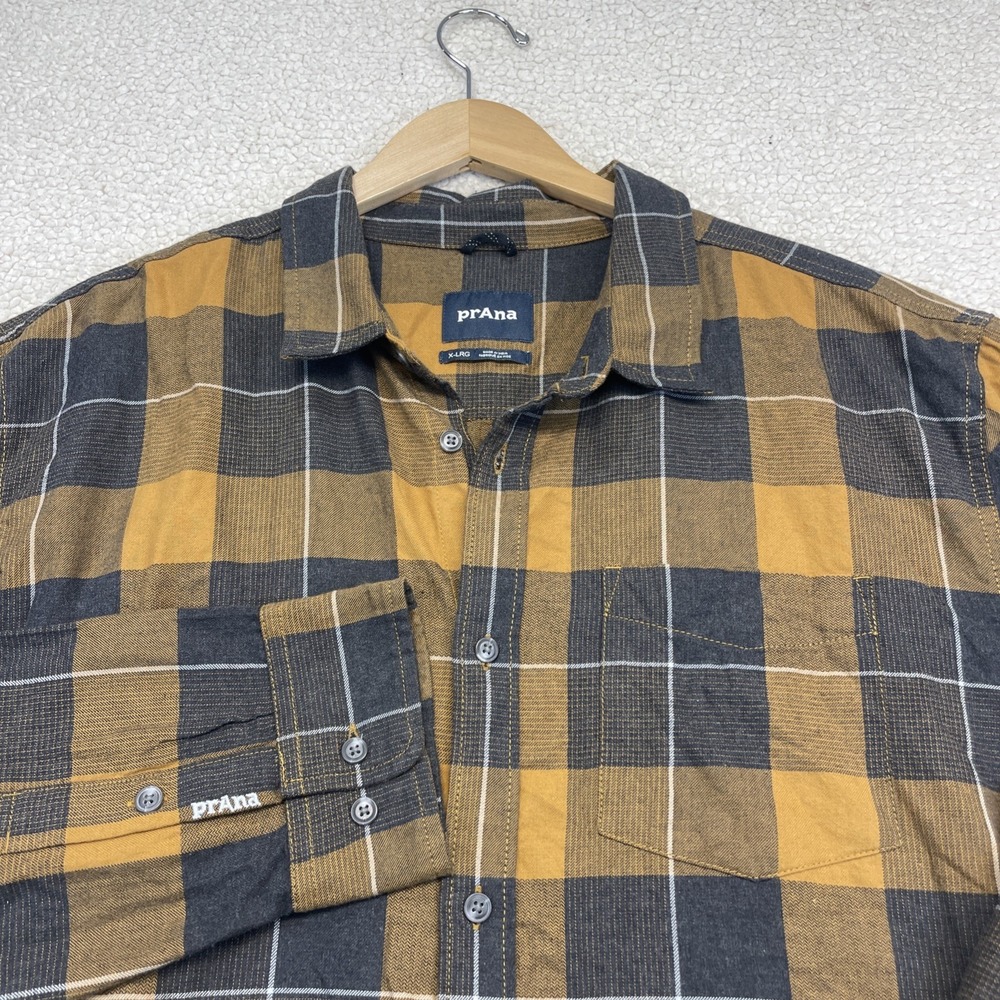 Prana Los Feliz Button Down Mens XL Yellow‎ Charcoal Plaid Long Sleeve Flannel